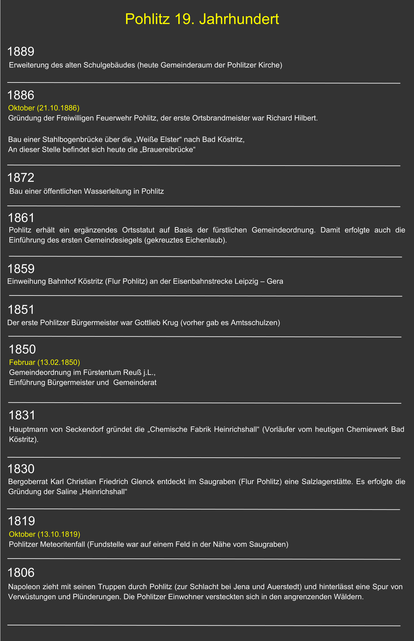 1889 1872 1886 1861 1859 Pohlitz 19. Jahrhundert 1851 1850 1831 1830 1819 1806 Erweiterung des alten Schulgebäudes (heute Gemeinderaum der Pohlitzer Kirche) Bau einer Stahlbogenbrücke über die „Weiße Elster“ nach Bad Köstritz,An dieser Stelle befindet sich heute die „Brauereibrücke“ Oktober (21.10.1886)Gründung der Freiwilligen Feuerwehr Pohlitz, der erste Ortsbrandmeister war Richard Hilbert. Bau einer öffentlichen Wasserleitung in Pohlitz Pohlitz erhält ein ergänzendes Ortsstatut auf Basis der fürstlichen Gemeindeordnung. Damit erfolgte auch die Einführung des ersten Gemeindesiegels (gekreuztes Eichenlaub).    Einweihung Bahnhof Köstritz (Flur Pohlitz) an der Eisenbahnstrecke Leipzig – Gera  Der erste Pohlitzer Bürgermeister war Gottlieb Krug (vorher gab es Amtsschulzen) Februar (13.02.1850) Gemeindeordnung im Fürstentum Reuß j.L., Einführung Bürgermeister und  Gemeinderat Hauptmann von Seckendorf gründet die „Chemische Fabrik Heinrichshall“ (Vorläufer vom heutigen Chemiewerk Bad Köstritz). Bergoberrat Karl Christian Friedrich Glenck entdeckt im Saugraben (Flur Pohlitz) eine Salzlagerstätte. Es erfolgte die Gründung der Saline „Heinrichshall“ Oktober (13.10.1819) Pohlitzer Meteoritenfall (Fundstelle war auf einem Feld in der Nähe vom Saugraben) Napoleon zieht mit seinen Truppen durch Pohlitz (zur Schlacht bei Jena und Auerstedt) und hinterlässt eine Spur von Verwüstungen und Plünderungen. Die Pohlitzer Einwohner versteckten sich in den angrenzenden Wäldern.