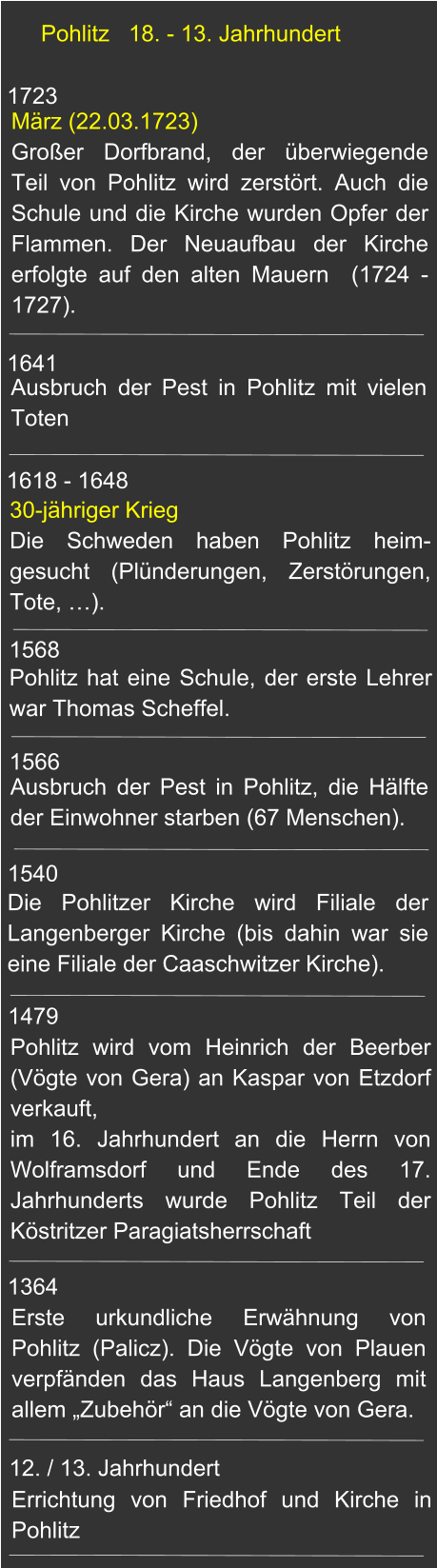 1723 1641 1618 - 1648 1568 1566 1540 1479 1364 12. / 13. Jahrhundert März (22.03.1723) Großer Dorfbrand, der überwiegende Teil von Pohlitz wird zerstört. Auch die Schule und die Kirche wurden Opfer der Flammen. Der Neuaufbau der Kirche erfolgte auf den alten Mauern  (1724 - 1727). 30-jähriger Krieg	Die Schweden haben Pohlitz heim-gesucht (Plünderungen, Zerstörungen, Tote, …). Pohlitz hat eine Schule, der erste Lehrer war Thomas Scheffel. Ausbruch der Pest in Pohlitz, die Hälfte der Einwohner starben (67 Menschen).  Die Pohlitzer Kirche wird Filiale der Langenberger Kirche (bis dahin war sie eine Filiale der Caaschwitzer Kirche). Pohlitz wird vom Heinrich der Beerber (Vögte von Gera) an Kaspar von Etzdorf verkauft, im 16. Jahrhundert an die Herrn von Wolframsdorf und Ende des 17. Jahrhunderts wurde Pohlitz Teil der Köstritzer Paragiatsherrschaft  Pohlitz   18. - 13. Jahrhundert Ausbruch der Pest in Pohlitz mit vielen Toten Erste urkundliche Erwähnung von Pohlitz (Palicz). Die Vögte von Plauen verpfänden das Haus Langenberg mit allem „Zubehör“ an die Vögte von Gera. Errichtung von Friedhof und Kirche in Pohlitz