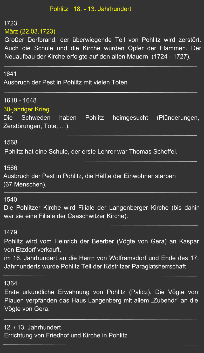 1723 1641 1618 - 1648 1568 1566 1540 1479 1364 12. / 13. Jahrhundert März (22.03.1723) Großer Dorfbrand, der überwiegende Teil von Pohlitz wird zerstört. Auch die Schule und die Kirche wurden Opfer der Flammen. Der Neuaufbau der Kirche erfolgte auf den alten Mauern  (1724 - 1727). Ausbruch der Pest in Pohlitz mit vielen Toten 30-jähriger Krieg	Die Schweden haben Pohlitz heimgesucht (Plünderungen, Zerstörungen, Tote, …). Pohlitz hat eine Schule, der erste Lehrer war Thomas Scheffel. Ausbruch der Pest in Pohlitz, die Hälfte der Einwohner starben (67 Menschen).  Die Pohlitzer Kirche wird Filiale der Langenberger Kirche (bis dahin war sie eine Filiale der Caaschwitzer Kirche). Pohlitz wird vom Heinrich der Beerber (Vögte von Gera) an Kaspar von Etzdorf verkauft, im 16. Jahrhundert an die Herrn von Wolframsdorf und Ende des 17. Jahrhunderts wurde Pohlitz Teil der Köstritzer Paragiatsherrschaft  Erste urkundliche Erwähnung von Pohlitz (Palicz). Die Vögte von Plauen verpfänden das Haus Langenberg mit allem „Zubehör“ an die Vögte von Gera. Errichtung von Friedhof und Kirche in Pohlitz Pohlitz   18. - 13. Jahrhundert