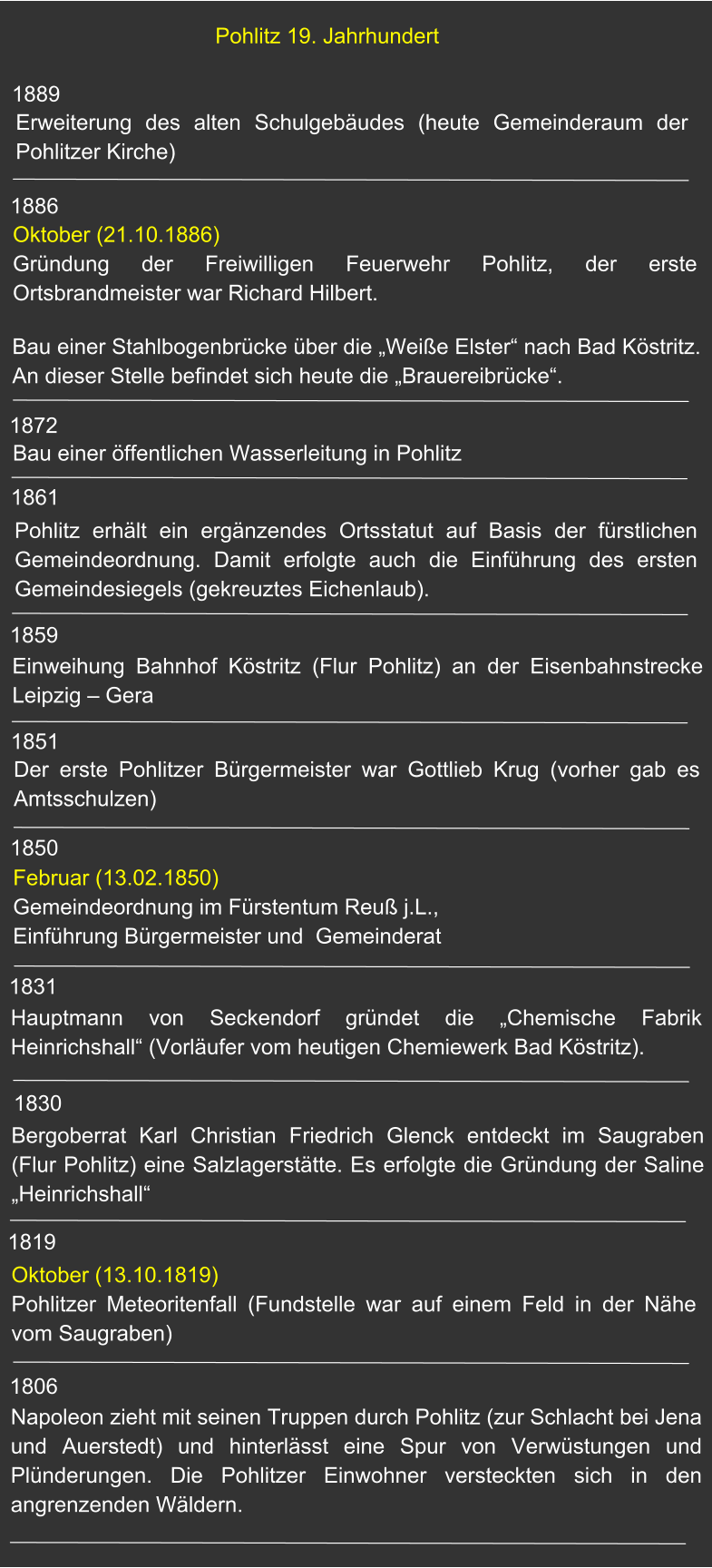 1889 Pohlitz 19. Jahrhundert Erweiterung des alten Schulgebäudes (heute Gemeinderaum der Pohlitzer Kirche) 1872 1886 1861 1859 1851 1850 1831 1830 1819 Bau einer Stahlbogenbrücke über die „Weiße Elster“ nach Bad Köstritz. An dieser Stelle befindet sich heute die „Brauereibrücke“. Oktober (21.10.1886)Gründung der Freiwilligen Feuerwehr Pohlitz, der erste Ortsbrandmeister war Richard Hilbert. Bau einer öffentlichen Wasserleitung in Pohlitz Pohlitz erhält ein ergänzendes Ortsstatut auf Basis der fürstlichen Gemeindeordnung. Damit erfolgte auch die Einführung des ersten Gemeindesiegels (gekreuztes Eichenlaub).    Einweihung Bahnhof Köstritz (Flur Pohlitz) an der Eisenbahnstrecke Leipzig – Gera  Der erste Pohlitzer Bürgermeister war Gottlieb Krug (vorher gab es Amtsschulzen) Februar (13.02.1850) Gemeindeordnung im Fürstentum Reuß j.L., Einführung Bürgermeister und  Gemeinderat Hauptmann von Seckendorf gründet die „Chemische Fabrik Heinrichshall“ (Vorläufer vom heutigen Chemiewerk Bad Köstritz). Bergoberrat Karl Christian Friedrich Glenck entdeckt im Saugraben (Flur Pohlitz) eine Salzlagerstätte. Es erfolgte die Gründung der Saline „Heinrichshall“ Oktober (13.10.1819) Pohlitzer Meteoritenfall (Fundstelle war auf einem Feld in der Nähe vom Saugraben) Napoleon zieht mit seinen Truppen durch Pohlitz (zur Schlacht bei Jena und Auerstedt) und hinterlässt eine Spur von Verwüstungen und Plünderungen. Die Pohlitzer Einwohner versteckten sich in den angrenzenden Wäldern. 1806